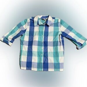 💥Kim Rogers Essentials Petite Women Blouse Plaid 3/4 Sleeves Button Front  8P